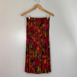 Vintage Pleated Floral Midi Skirt w/ Elastic Waist